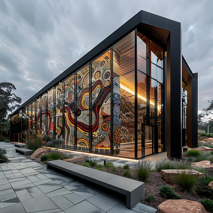 arafed-glass-building-with-mural-side-it_1034043-110226